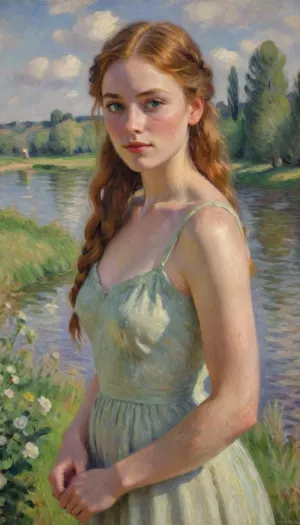 1girl, solo, petite, impressionism style painting, impressionist portrait of a sensual irish girl, 22yo, delicate natural beauty, high cheekbones, long braided ginger hair, thin, slim, green eyes, freckles, freckels on her arms and chest, tan skin, blushing, earrings, medium breasts, wearing a simple dress, sensual, looking at the camera, riverbank, flowers, clouds, sunny, (perfect lighting), (best quality), drawing, oil painting, illustration, Close up, frontal view, impressionist, painting, <lora:EldritchImpressionismXL1.5:2>, impressionism, <lora:EnvyImpressionismXL01:.8>