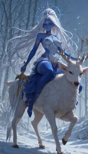 1girl, solo, 30yo, (((Shiva, Princess Harmony))), (broadsword), halo, voluminous extremely long dreadlocks ponytail, slim body, perfect eyes, deep gaze, freckles, medium breasts, nipples, long ruffled skirt, very high heels, knee high boots, ((riding a giant deer)), (snowy mountains), highres, best quality, ac_neg1, <lora:add-detail-xl:1.4>