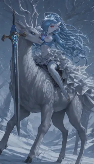 1girl, solo, 30yo, (((Shiva, Gardevoir))), (broadsword), halo, voluminous extremely long dreadlocks ponytail, slim body, perfect eyes, deep gaze, freckles, medium breasts, nipples, long ruffled skirt, very high heels, knee high boots, ((riding a giant deer)), (snowy mountains), ac_neg1, <lora:add-detail-xl:.8>