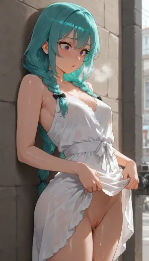Masterpiece, 8k, petite woman with an undercut and turquoise hair wearing a summer dress, camera from the side, she leans her upper body frontally against a wall on a busy street, legs stretched out and the dress lies above her waist, beautiful face, large eyes, round face, hair in two braids with a subtle black bow in her hair, she is horny, Her body is shiny with sweat, spit, pussy juices and cum, she secretly fingers her pussy in the open street