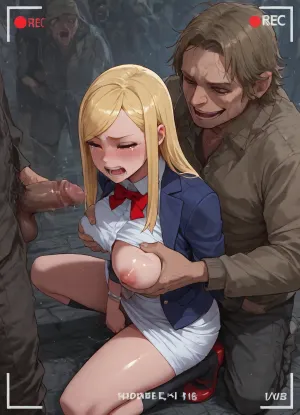 From side, from above, Nsfw, gangbang, enf, perfect face, masterpiece, big eyes, (closed eyes:1.2), ((the girl is 18 Years old French girl dressed in no panties and white skirt and Navy blue blazer and white shirt and red bow tie and Black socks and red shoes and Silver ring bracelet)), (nipple:1.2), medium breast, blue eyes, (blonde hair:1.3), (forehead:1.3), (swept bangs:1.4), long hair, (natural straight hair:1.3), squatting, blushing, (crying:1.4), orgasm, open mouth, shouting, French face, furrowed brow, (medium breast), long shot, city street, (recording:1.2), (homeless man:1.6), (homeless crowd:1.4), finger fuck, (the man grabbing breast from behind:1.4), (finger fuck:1.3), fingering, scared Up skirt, (the homeless man is dressed shirts:1.3), (smegma:1.4)
