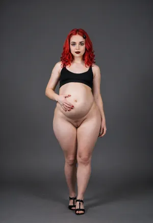 tall curvy pear shaped gothic type woman, small flat chested, tiny perky brests, huge long puffy erect nipples, thick thighs, big hips, tiny waist, long red hair, huge pregnant belly, 9 months pregnant, full body image