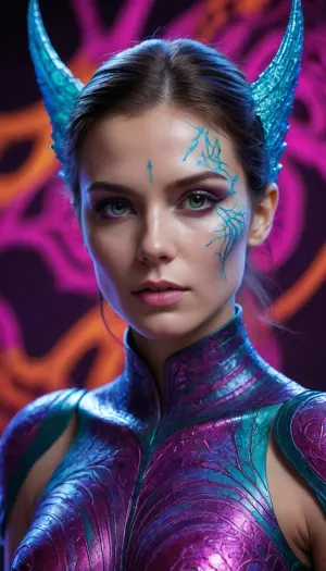A striking woman with sharp cheekbones and an intense gaze, her skin painted in glowing magenta and acid-green fractal patterns that pulse bright. sharp cyan-orange present-tense glow, Vesh's pigment seems to shift and ripple like liquid light, hinting she can see all points of the fractured timeline at once. She wears minimal UV-reactive fabric wrapped like ceremonial armor, catching blacklight in threads of electric violet. She doesn't have an echo — she doesn't need one.