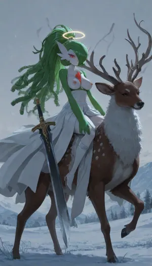 1girl, solo, 30yo, (((Gardevoir))), (broadsword), halo, voluminous extremely long dreadlocks ponytail, slim body, perfect eyes, deep gaze, freckles, medium breasts, nipples, long ruffled skirt, very high heels, knee high boots, ((riding a giant deer)), (snowy mountains), ac_neg1, <lora:add-detail-xl:.8>