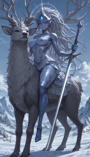 1girl, solo, 30yo, (((Shiva, cyborg))), (double sword), halo, voluminous extremely long dreadlocks ponytail, slim body, perfect eyes, deep gaze, freckles, medium breasts, nipples, long ruffled skirt, very high heels, knee high boots, ((riding a giant deer)), (snowy mountains), highres, best quality, ac_neg1, <lora:add-detail-xl:1.4>