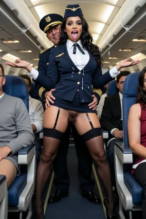 First-class, a young Latina flight attendant, dark blue uniform, white blouse, peaked cap with gold badge, black stockings, high heels, she is standing in the airplane aisle giving the safety briefing, the plane is filled with clothed passengers, beautiful face with heavy makeup, her skirt has ridden up slightly, wide-open mouth, tongue sticking out, sperm on the dress, She stands with legs apart in the aisle, both arms outstretched, revealing her garter straps, ((heavily haired pubic area)), Behind her, an older airline captain in full uniform, fully clothed, holding her hips black pubic hair, legs together, horny smile, black curly hair, curvy hourglass figure, large breasts, narrow waist, wide hips, ((lots of sperm on her uniform)), (lots of sperm on her face:1.3), the woman's eyes are fixed on the camera, the overall atmosphere is intense and provocative, emphasizing the physicality and immediacy of the scene.