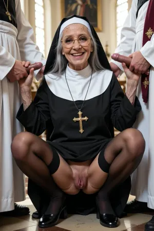 4k ultra high resolution, full body view of a elderly very old ugly, (90 years old, emaciated), norwegian little nun squatting between 2 standing 18 year old priests, touching the nun's habit and the nuns back, nun holds the veiny cocks of the priests horizontally with both hands, (one small and very dark brown penis, one small and pale penis), long grey hair, ultra high detailed face, big skin wrinkles and many dark freckles, dark eyelids, long black eyelashes, grey eyes, nun is wearing a traditional nun's habit, big golden traditional cross, long black stockings, flat black shoes, fully shaved pussy with very long dark pussy lips, round golden glasses, nun is smiling bright and showing teeth, old veiny body skin and veiny hands, background church, high noon with warm sunbeams