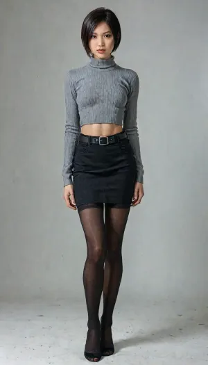 8k, score_9, score_8_up, score_7_up, score_6_up, FILM PHOTOGRAPHY STYLE, cinematic photography of a woman, professional portrait photo realism, ada wong from resident evil, dark red dree slong turtleneck sweater, tight sweater, above knee sweater, black belt, black stockings, no pants, no skirt, tight waist, white background, facing straight, front view, full body view, <lora:ratatatat74-000050:.8>, <lora:NEOTOKIOXL_0.2_RC:.8>, <lora:detailed_notrigger:2>, <lora:LCMTurboMix_Euler_A_fix:.8>