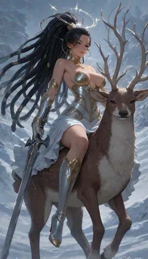 1girl, solo, 30yo, (((Shiva))), (broadsword), halo, voluminous extremely long dreadlocks ponytail, slim body, perfect eyes, deep gaze, freckles, medium breasts, exposed breasts, long ruffled skirt, very high heels, knee high boots, ((riding a giant deer)), (snowy mountains), ac_neg1, <lora:add-detail-xl:.8>