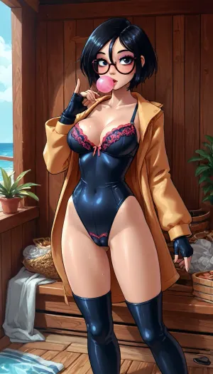 (innv meets jack cayless style), (reiq style, masterpiece, cel-shaded, limited color palette), ((Beautiful Sexy jubilee from marvel rivals game body)), (1girl, solo, alone), (vary short cut black hair), (Japanese Korean, gorgeous, seductive face, mature, ads, perfect breast, perfect hands, perfect legs, perfect waist, perfect thighs, perfect hips, perfect ass, hard nipped, pubic hair, sweaty body), (pink lipstick, pink blush, pink eyeshadow, black eyeliner, long lashes), (Bubblegum in mouth), (tight lingerie X crisscross bra), (lingerie thong), (with camel toe), (blue thigh-high boots), (Pink glass Rimless Futuristic pink glasses), (spandex yellow coat), (fingerless black gloves), (doing party shot pose), (sauna, steam, summer, beach, tropical, flowers, plants sauna background), <lora:mk_Bp Anime_xl:2>, <lora:LCMTurboMix_Euler_A_fix:2>, <lora:eGirls_XL_v1:2>, <lora:Marvel_Rivals:2>, <lora:EnvyBeautyXL08:2>
