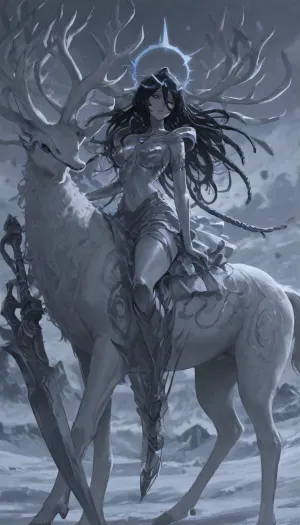 1girl, solo, 30yo, (((Shiva, Kuchiki Rukia))), (broadsword), halo, voluminous extremely long dreadlocks ponytail, slim body, perfect eyes, deep gaze, freckles, medium breasts, long ruffled skirt, very high heels, knee high boots, ((riding a giant deer)), (snowy mountains), ac_neg1, <lora:add-detail-xl:.8>