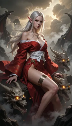 A dark fantasy digital painting of a beautiful female elf with long, flowing platinum blonde hair and pointed ears. She is wearing a striking, flowing crimson red kimono-style robe with a white obi sash, revealing a bare thigh adorned with a metallic gold band. She sits gracefully amid three terrifying, skeletal, ancient dragon heads made of bone with glowing, bright yellow eyes and jagged teeth. The atmosphere is filled with dramatic smoke, swirling mist, and soft golden light filtering through heavy clouds, creating a mythical, powerful, and fine-art illustration style.