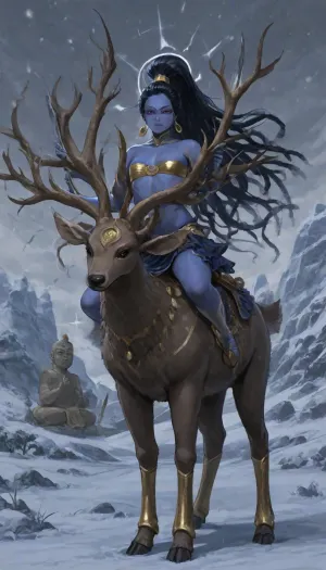 1girl, solo, 30yo, (((Shiva, Buddha))), (double sword), halo, voluminous extremely long dreadlocks ponytail, slim body, perfect eyes, deep gaze, freckles, bandeau bra, flat chest, long ruffled skirt, very high heels, knee high boots, ((riding a giant deer)), (snowy mountains), full body view, ac_neg1