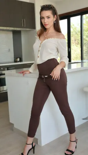 (8k), (UHD), (High resolution details), (photorealistic), (highly detailed facial features), (sharp focus), (high detail fabric texture), (professional photo), (perfect fingers), (highly detailed fingernails), A stunning woman stands in her modern kitchen getting ready to go out. She has long, lustrous brown hair, a fit toned body and impeccable style. She is wearing an ivory frilly long sleeve button down blouse, long loose chocolate brown harem pants with a drawstring waist, and elegant black kitten heel thong sandals. Her accessories are elegant pearl earrings, a pendant necklace, a stylish cream handbag and sunglasses on her forehead.
She is giving you a warm, inviting look.
She stands next to the kitchen island which has a modern barstool like chair in wood and beige frantic cushion. The kitchen cupboards are sleek modern dark wood with black built in oven.
The lighting is natural daylight with warm rich colours.
Overall the scene is one of sophisticated, tasteful luxury., xbmyr, photo, style, supermodel, face, big, lips, <lora:brasilGPv1:1.3>, <lora:Beautify-Supermodel-SDXL:.6>