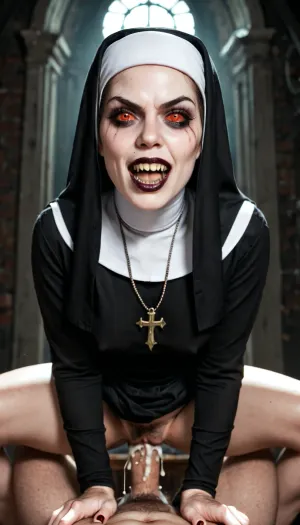nun demon Valak old face, from the horror movie The Conjuring, a scary demonic face with sharp teeth and demonic eyes, (with a very hairy vagina), a dark room, fucking she a young 20 year old guy, vaginal, doggy style position, (an exact copy of the demon Valak from the horror movie The Conjuring), nun angry face, guy very fear, cum vagina