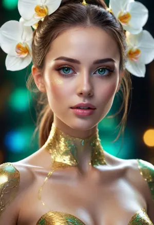 A breathtaking exotic female android, translucent crystalline skin revealing delicate glowing golden wires and liquid light inside. Elegant body structure made of polished white jade and iridescent glass plates, exotic orchid flower patterns etched into her metallic cheeks. Enchanting and beautiful face, deep glowing emerald eyes, surreal digital art masterpiece, dark reflective background with soft colorful bokeh, 8k resolution, photorealistic textures.
