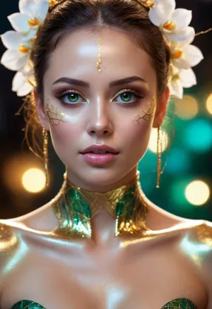 A breathtaking exotic female android, translucent crystalline skin revealing delicate glowing golden wires and liquid light inside. Elegant body structure made of polished white jade and iridescent glass plates, exotic orchid flower patterns etched into her metallic cheeks. Enchanting and beautiful face, deep glowing emerald eyes, surreal digital art masterpiece, dark reflective background with soft colorful bokeh, 8k resolution, photorealistic textures.