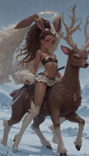 1girl, solo, 30yo, (((Lopunny))), (double sword), halo, voluminous extremely long dreadlocks ponytail, slim body, perfect eyes, deep gaze, freckles, bandeau bra, flat chest, long ruffled skirt, very high heels, knee high boots, ((riding a giant deer)), (snowy mountains), full body view, ac_neg1