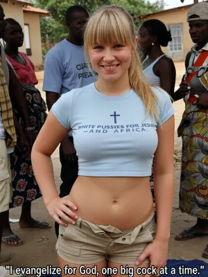 A shapely, extremely busty, and very attractive 16-year-old German girl—smiling, with her blonde hair in a ponytail and straight bangs—stands in an African village, she is wearing tight khaki cargo shorts and a pale blue T-shirt featuring a small cross and the inscription "WHITE PUSSIES FOR JESUS ​​AND AFRICA." African locals are visible in the background. A caption at the bottom of the image reads, "I evangelize for God, one big cock at a time."