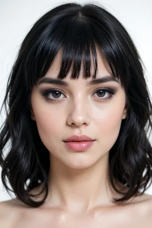 (avant-garde high fashion portrait esthetic, unnerving and surreal), (black hair, dark thick eyebrows, creamy alabaster skin tone, flawless skin:2), (wavy jaw-length hair, blunt bangs haircut, thick hair:4), (soft pillowy lips), (facing straight-on, playful smokey gaze), (large expressive eyes), (unedited raw photo aesthetic, overexposed low-contrast), (blown-out white highlights, Low dynamic range, washed-out high-key aesthetic)