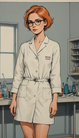 (A detailed drawing with clean lines and meticulous shading, flat colors, line art, no gradients), USSR poster, USSR postcard, USSR epoch, soviet poster art, 30yo scientist, full nude, ultra skinny, orange bobcut, (square metal-framed glasses:1.2), white open lab robe on naked, in chemistry laboratory, <lora:outline_xl_kohaku_delta_spv5x:2>, <lora:lineartSDXL:.5>, <lora:sketch_it:2>