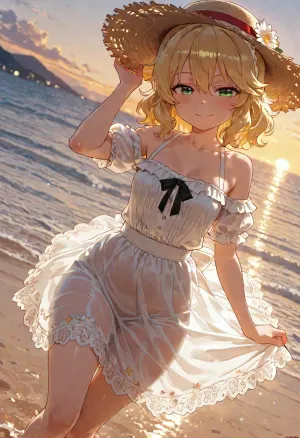 (Effortless pose:1.2), (sexy pose:1.2), (Loli_girl:1.3), (cleavage:1), character, sakurai_momoka.The, (petite:1.6), (curvy:1), sakurai_momoka, with short curly blonde hair, a ruffled headband, and beautiful green eyes and, (C-cup breasts:1), She is with a ribbon-tied straw hat on her head and nude off-shoulder lace maxi dress, puff sheer sleeves, 3D hollow floral lace, ruched waist, high-slit translucent gauze skirt, Leg details, the black little bow on the dress, delicate and elegant.Her skirt fluttered gently in the sea breeze.The girl walked barefoot on the sandy beach.Her feet were softly wrapped in fine golden sand.Facing the wind, she softly closed her eyes.The waves quietly brushed against her ankles.Her hair danced freely in the wind.Her smile was brighter than the sun, (Hyper-realisti csetting:1.2), The atmosphere is defined by a, (sunset glow:1), filtering through the surface, rendered in a glossy, glass-like anime aesthetic with brilliant lighting and a shimmering color palette., secluded, beach, wide, angle, portrait, <lora:荻pote_XL:1.5>, <lora:DetailedEyes_V3:1.3>, <lora:sakuraimomoka_animagine_v1:1.6>, <lora:LCMTurboMix_Euler_A_fix:.6>, <lora:XL_FD-SecludedBeach-R16:1.1>