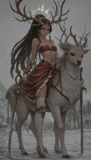 1girl, solo, (((Shiva))), (double blade), halo, voluminous extremely long dreadlocks ponytail, slim body, perfect eyes, submissive look, freckles, bandeau bra, flat chest, long ruffled skirt, very high heels, knee high boots, ((riding a giant deer)), (snowy valley), full body view, ac_neg1, <lora:HannahXL:2>