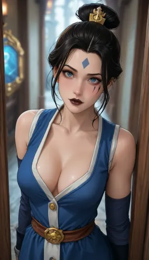(hearthstone:1.5), (last airbender:1.4), hottie, solo focus, black hair, busty, white highlights, (dramatic, face tattoo:1.2), piercings, eyebrow ring, (black lipstick), (ice walls), (reiq:.8), (from above:.3), (eye contact, with viewer), (side+front view), (intricate details), (Incase style:.8), eye shadow, standing, (hips tilted), cleavage, (marcgavatino:1.1)