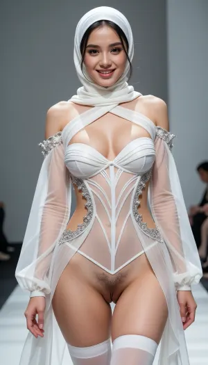 Beautiful south-east asian woman, A fashion model with fair skin is showcased wearing an avant-garde bodysuit, (happy slutty smile), . Wear white hejab. Set against a pristine, fashion show background, the image focuses sharply on the model. The rendering aims for a hyper-detailed, (hairy pussy), high-resolution effect, employing techniques to achieve a photorealistic, hyper-realistic look that captures the fine textures and subtleties of the materials and design., diaphanous, dress, QuarterCup, WhiteRealStockings