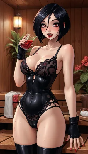 (innv meets jack cayless style), (reiq style, masterpiece, cel-shaded, limited color palette), ((Beautiful Sexy jubilee from marvel rivals game body)), (1girl, solo, alone), (vary short cut black hair:1.5), (Japanese Korean, gorgeous, seductive face, mature, ads, perfect breast, perfect legs, perfect waist, perfect thighs, perfect hips, perfect ass, hard nipped, pubic hair, sweaty body), (bloody red lipstick, black blush, black eyeshadow, black eyeliner, long lashes, red eyes, vampire fangs teeth, bloody five red fingers nails), (blood dripping from mouth), (black leather lingerie one-piece sexy underwear with lining), (with camel toe), (black leather lingerie crisscross leggings), (black leather thigh-high boots), (fingerless black leather lingerie gloves), (standing drinking a glass of blood pose), (sauna, steam, summer, beach, tropical, flowers, plants sauna, nighttime, stary night sky, background), Venabaris, <lora:mk_Bp Anime_xl:2>, <lora:LCMTurboMix_Euler_A_fix:2>, <lora:eGirls_XL_v1:2>, <lora:Marvel_Rivals:2>, <lora:SDXL_VenabarisXL:2>