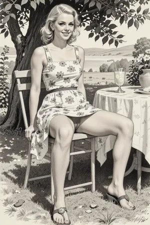 This is is a detailed monochromatic pencil drawing in a classical illustrative style depicts a scene set blonde german 26yo beautiful slim woman, beautiful long legs, sitting in the garden on a warm summerday in the schade of a tree by a table, cool lemonade nearby wearing a simple flowered summerdress and sandals, wears a toe ring, the legs are slightly apart, hairy pussy are visible, smiling into the camera for a remembering photo, full body view, show feet. The overall mood is intense, rendered in fine, expressive line work and subtle shading, evoking the style of 1950s satirical or moralistic illustrations.