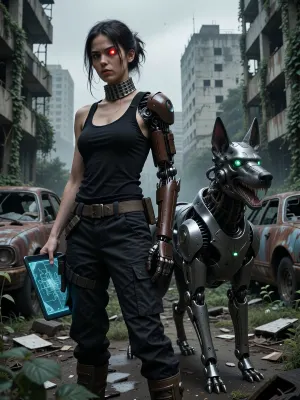 In a post-apocalyptic city, amidst the ivy-covered ruins of concrete high-rises and rusting, abandoned cars, stands a young cyborg woman. She has dark, dishevelled hair and a steely gaze, her left eye is a bright red, glowing cybernetic implant, and her neck is encased in a segmented metal collar. Her left arm is entirely mechanical, a dark brown industrial prosthesis with exposed joints and hydraulics. She is wearing a black vest, dark tactical cargo trousers and heavy, high-top boots, (only the tops of the boots are visible), . In her right hand, she holds a holographic tablet displaying a map of the city. To her right, baring its fangs, stands a four-legged metal cyborg resembling a German Shepherd, with bright green glowing eyes, in a tense stance. The atmosphere is gloomy, with an overcast sky and fog, nature is reclaiming the ruined city. Realism, high detail, cinematic lighting.