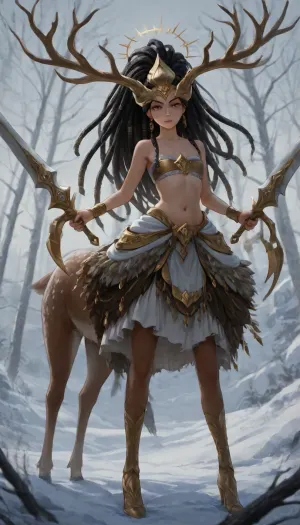 1girl, solo, (((Shiva))), (double blade), halo, voluminous extremely long dreadlocks ponytail, slim body, perfect eyes, submissive look, freckles, bandeau bra, flat chest, long ruffled skirt, very high heels, knee high boots, ((riding a giant deer)), (snowy valley), full body view, ac_neg1, <lora:HannahXL:2>