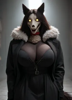 masterpiece, best quality, 8k, ultra-detailed, hyper-detailed, cinematic lighting, furry art, digital painting, (((SCP-1477))), 1girl, (((anthro furry wolf))), (((black fur, sleek black coat, full fur coverage))), (((large heavy breasts, big round firm chest, slightly oversized but natural, full cleavage))), (((wolf head, wolf ears, yellow eyes, sharp fangs, no human face))), wearing black leather corset, breasts pushed up and spilling slightly, narrow waist, wide hips, fluffy black tail, standing in moonlit greenhouse, hands at sides, confident gaze, moss and plants around, humid atmosphere, SCP collar with tag, hyper-detailed fur texture