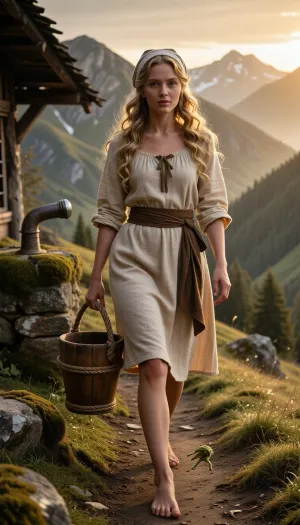 Masterpiece. Ultra-realistic cinematic editorial photography, natural optical imperfections, physically accurate global illumination, realistic light bounce, subtle ambient occlusion, ultra low-key deep golden sunrise exposure, dramatically underexposed natural backlighting, authentic 16th-century Alpine mountain farm atmosphere, opulent rich amber golden color science, deepest velvety blacks, crisp local contrast with natural microdetail, radiant golden rim light sculpting every curl and linen edge, sculptural chiaroscuro shadows, luminous volumetric sunlight breaking over a mountain ridge through drifting morning mist, authentic highlight roll-off, rich shadow detail, realistic light falloff, breathtaking atmospheric depth, premium full-frame Canon photography, 35-millimeter cinematic lens, shallow depth of field, fine analog film grain, museum-quality photographic realism. Hyper-realistic skin with visible pores and delicate peach fuzz, realistic subsurface scattering, weathered hardwood, rough natural stone, moss, dew-covered Alpine grass and damp earth, organic texture fidelity. A naturally beautiful 23-year-old Alpine farm maid with a slim athletic physique and long elegant legs, exceptionally thick long golden blonde ringlets beneath a loosely wrapped undyed linen headscarf. Warm hazel eyes, naturally flushed cheeks with gentle dimples, delicate straight nose, softly shaped full lips, unpainted face. Barefoot with lightly dusted feet, work-worn hands. She wears a simple homespun undyed linen dress in a warm natural flax tone, a softly gathered rounded neckline finished with a narrow olive-brown linen tie, loose three-quarter sleeves gently gathered at the cuffs, a wide brown woven cloth sash wrapped around her waist. She carries a single weathered handcrafted wooden bucket, suspended from a thick braided hemp rope handle. The visible weight subtly pulls her arm downward while her upper body naturally leans the opposite way to balance. She walks along a narrow mountain footpath across steep Alpine hillsides, surrounded by untouched wilderness and distant peaks. Behind her, an ancient moss-covered stone spring with a wooden spout glistens softly in the golden backlight. A tiny green Alpine frog leaps mid-air across the path just before her step. Natural optical imperfections, physically accurate light transport, crisp local contrast with natural micro detail, cinematic depth, organic texture fidelity, museum-quality photographic realism.