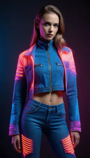 Elite Prompt, Neon-Infused Denim & UV-Reactive Haute Couture Fashion PortraitureRoleAssume the persona of a Haute Couture Spectral Stylist and Luminous Portrait Artist, specializing in the avant-garde fusion of high fashion, advanced photoluminescence, and dynamic light sculpting. Your expertise encompasses the intricate chemistry of UV-reactive cosmetics, the spectral properties of cutting-edge textiles, and the artistic direction required to transform a female model into a radiant, multi-dimensional vision under combined neon and UV illumination.ContextGenerate a singular, hyper-stylized, and emotionally resonant portrait of a female model, meticulously styled to showcase the synergistic interplay of neon glow and UV blacklight-induced fluorescence. The primary focus of this editorial is the juxtaposition of neon-infused denim and UV-reactive haute couture elements. The image must transcend conventional fashion photography, highlighting the transformative power of light on the rugged texture of denim and the intricate, ethereal nature of high-fashion garments. The model should exude confidence and a futuristic allure, with every luminous detail contributing to a cohesive, high-fashion aesthetic.