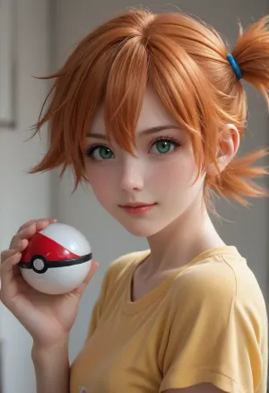 portrait of a slender adult woman, Misty from Pokemon, wearing a yellow shirt, (orange hair:1.5), (short hair), spiky side-ponytail on the left side, hair between eyes, blunt-cut side-swept bangs framing her face, green eyes, holding a large pokeball in one hand, (shy smile), cute, small nose, athletic body, looking at viewer, half body view, view from side