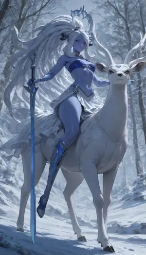 1girl, solo, 30yo, (((Shiva, Cynthia from Pokemon))), (double sword), halo, voluminous extremely long dreadlocks ponytail, slim body, perfect eyes, deep gaze, freckles, bandeau bra, flat chest, long ruffled skirt, very high heels, knee high boots, ((riding a giant deer)), (snowy mountains), full body view, ac_neg1