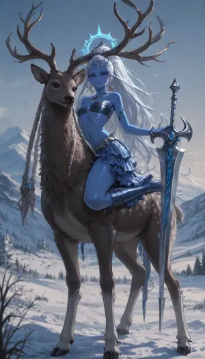 1girl, solo, 30yo, (((Shiva, Nami))), (broadsword), halo, voluminous extremely long dreadlocks ponytail, slim body, perfect eyes, deep gaze, freckles, bandeau bra, flat chest, long ruffled skirt, very high heels, knee high boots, ((riding a giant deer)), (snowy mountains), full body view, ac_neg1