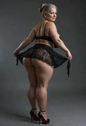 Sexy BBW mature standing bend pose ass up in her all four, catching look, fat granny, chubby wrinkles body, curvy mature, massive saggy breasts, short blonde wawed hairstyle, massive fat ass, wide hips, realistic skin, black transparent mini skirt, transparent top, red stiletto high heel, neon background, <lora:Real_People-SDXL:.8>, <lora:dark:.3>