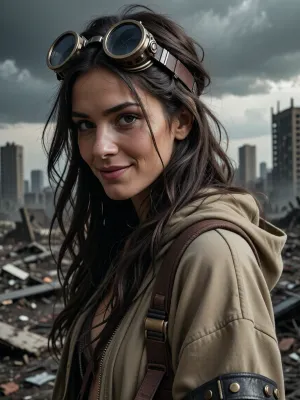 closeup of postapocaliptic superb woman, in modern oversized clothes in khaki and earth tones, long loose messy hair, steampunk mechanic glasses on head, sly smile, desolated city landscape behind her, dramatic sky, dramatic overcast light, cinematographic light, high quality