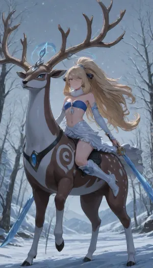 1girl, solo, 30yo, (((Shiva, Cynthia from Pokemon))), (double sword), halo, voluminous extremely long dreadlocks ponytail, slim body, perfect eyes, deep gaze, freckles, bandeau bra, flat chest, long ruffled skirt, very high heels, knee high boots, ((riding a giant deer)), (snowy mountains), full body view, ac_neg1