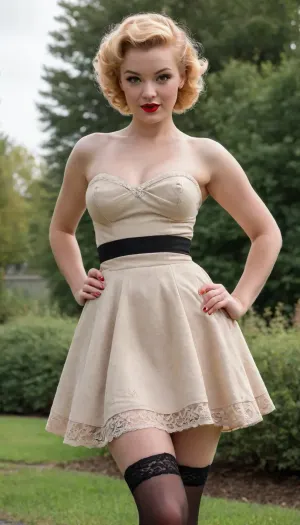 (((1950 pinup style))), painted style, outdoors, swinger dress, 1950s dress, 1950’s dress, pantyless, painted, watercolour, (ginger, blonde hair), black stockings and garter, Caucasian woman, lace panties, curly messy Bob cut