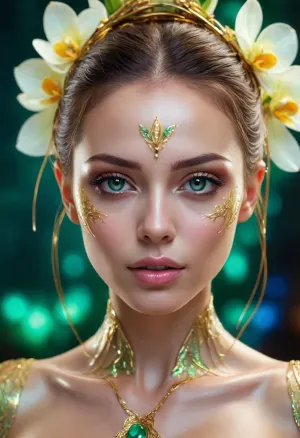 A breathtaking exotic female android, translucent crystalline skin revealing delicate glowing golden wires and liquid light inside. Elegant body structure made of polished white jade and iridescent glass plates, exotic orchid flower patterns etched into her metallic cheeks. Enchanting and beautiful face, deep glowing emerald eyes, surreal digital art masterpiece, dark reflective background with soft colorful bokeh, 8k resolution, photorealistic textures.