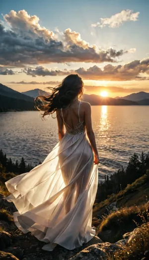 (1girl, solo, sitting on a mountain lake shore, from behind, facing away, long black hair flowing wildly in the wind, wind-swept hair, hair strands floating in the air, strong wind, powerful gusts, hair blowing sideways, wearing a flowing white sleeveless dress, extremely wind-blown dress, dramatic fabric movement, fabric billowing in large waves, lightweight silk dress, translucent white fabric, sunlight shining through the dress, glowing translucent cloth:1.02), backlit by golden sunrise light, warm sun rays, glowing edges, silhouette effect, blue sky, dramatic clouds, mountainous horizon, calm lake, water reflections, cinematic atmosphere, dreamy scenery, romantic mood, epic cinematic composition, breathtaking landscape, ethereal beauty, atmospheric lighting, fantasy anime scenery, soft depth of field, ultra detailed, masterpiece, high quality, Ultra skinny