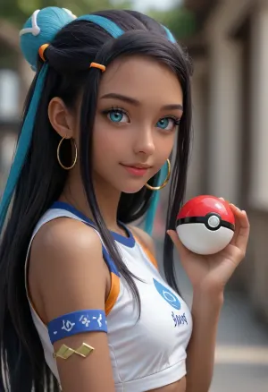 portrait of Nessa from Pokemon, wearing a gym uniform consisting of a white crop-top and shorts with blue-and-orange details, (((dark skin:1.6))), skin, long straight hair, black hair with teal streaks, large round eyes, blue eyes, holding a large pokeball in one hand, (shy smile), cute, small nose, athletic body, looking at viewer, half body view, view from side