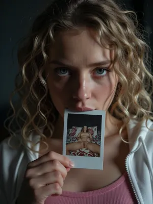 A close-up, high-quality of a young woman with curly blonde hair, looking directly into the camera with an intense and slightly melancholic expression. Her light-colored eyes are fixed on the viewer. She is holding a small, square nude autoportrait instant polaroid photograph, (shows her lying on a patterned bedspread, hands positioned on her pubic area), between her lips. The lighting is moody and dramatic, with a focus on her face, creating a soft glow around her features while the background fades into deep shadow. She is wearing a pink top under a white zip-up hoodie. The style is reminiscent of stylized digital character art, capturing a cinematic and intimate moment with realistic textures on skin and hair, amateur aesthetic, high detail, sharp focus, atmospheric lighting.