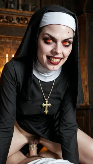 nun demon Valak old face, from the horror movie The Conjuring, a scary demonic face with sharp teeth and demonic eyes, (with a very hairy vagina), a dark room, fucking she a young 20 year old guy, vaginal, doggy style position, (an exact copy of the demon Valak from the horror movie The Conjuring), nun angry face, guy very fear, cum vagina