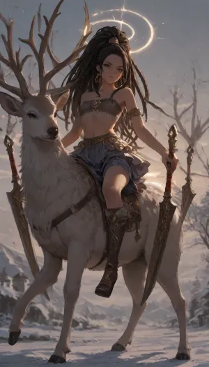 1girl, solo, (((Shiva))), (double blade), halo, voluminous extremely long dreadlocks ponytail, slim body, perfect eyes, submissive look, freckles, bandeau bra, flat chest, long ruffled skirt, very high heels, knee high boots, ((riding a giant deer)), (snowy town), full body view, ac_neg1, <lora:HannahXL:2>
