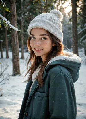 score_8_up, score_7_up, 1 girl, 21 years old, long straight brown hair, green eyes, detailed face, realistic, tanned skin, extremely beautiful, (skinny_girl:1.2), freckles, in park, nice sunlight, smiling, walking, side view, looking away, <lora:sdxl_lora_winter_female:.8>, in winter, snow, Winter, forest, <lora:Winter forest:.8>, white winter hat